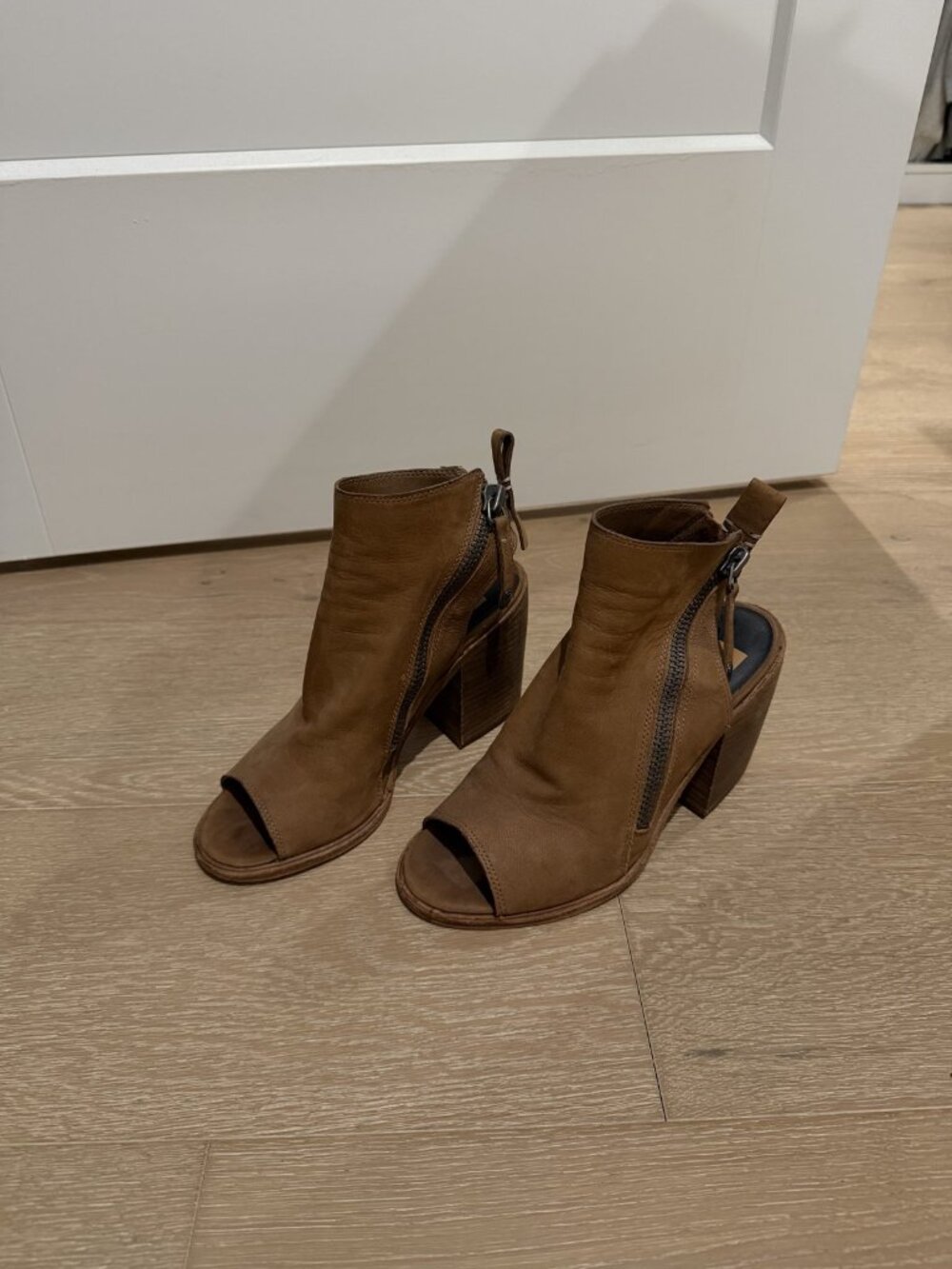 Dolce Vita Cognac Leather Peep Toe Block Heel Booties
